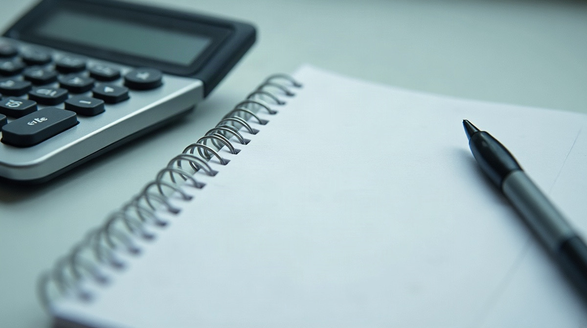 A calculator and a blank notepad on a pale desk